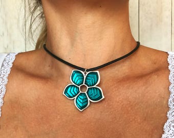 Choker Collar Necklace for Women, Leather Choker, Flower Charm Pendant, Unique Handmade Necklace, Gift for Her, Gift for Wife