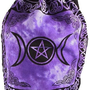 May include: Purple drawstring bag with a triple moon and pentagram design. The bag is decorated with a black Celtic knot border.