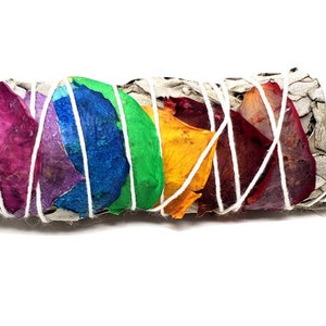 Seven Chakra Floral - White Sage 7 Color Rose Petals smudge stick 4&quot; * FREE SHIPPING *