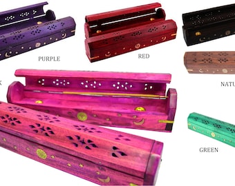 Handmade Celestial Coffin Wooden Incense Box Burner with Brass Inlay * FREE SHIPPING *