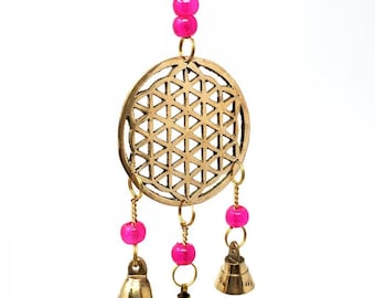 Flower of Life Brass Wind Chime Bells & Beads 9" Long(assorted bead colors) * FREE SHIPPING *