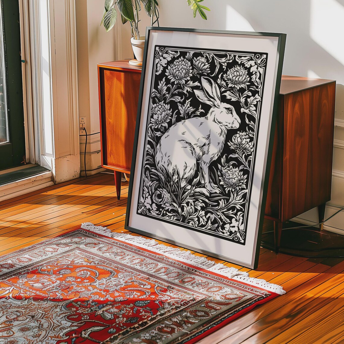 Hare Linocut Print, Folk Rabbit Botanical Wall Art, Woodland ...