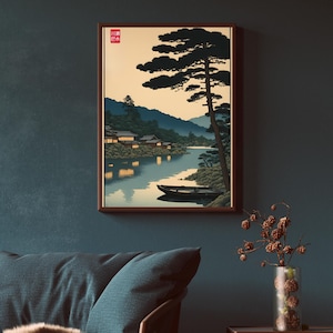 Vintage Japanisches Lakeside Poster # 2, Kawase Hasui's Woodblock Art Style, Japandi Decor, am Abend, Gelassene Wandkunst