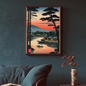 Póster japonés vintage junto al lago n.° 4, estilo de arte en madera de Kawase Hasui, vista nocturna, decoración japonesa, arte de pared sereno