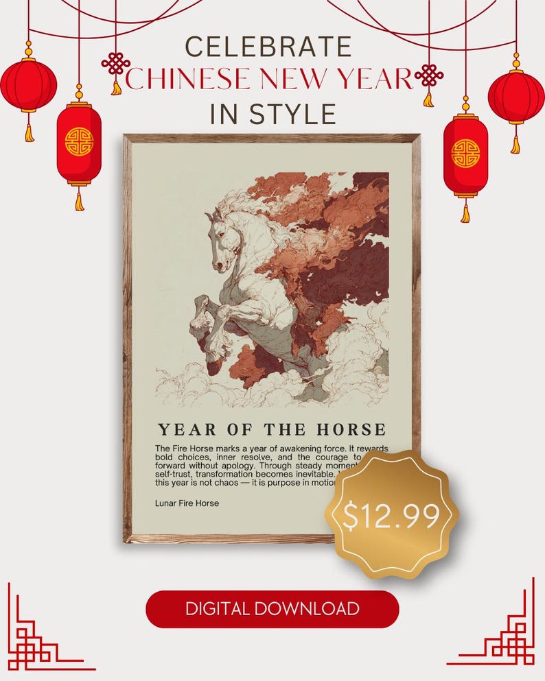 Year of the Fire Horse 2026 Lunar New Year Print, Chinese Zodiac Poster ...