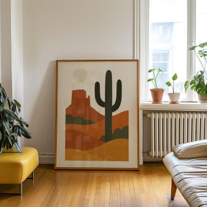 Cactus & Desert Hills Print | Modern Minimalist Wall Art | Terracotta Earth Tone Landscape Poster