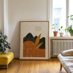 Terracotta Mountain Landscape Print | Minimal Nature Wall Art | Earthy Black & Orange Modern Decor