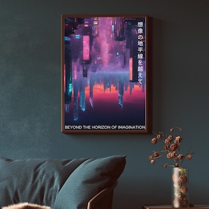 Beyond the Horizon of Imagination - Futuristic Cyberpunk Cityscape Art Poster | Retro-Futuristic Neon Skyline | Sci-Fi Wall Art