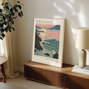 Olas de la península de Noto: impresión artística de paisaje costero japonés de estilo Kawase Hasui, póster japonés vintage de 1935, decoración de pared con océano y puesta de sol