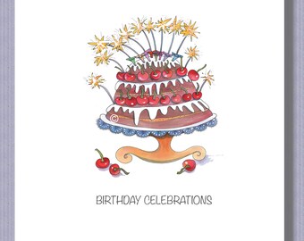 PK018   Chocolate Cake Birthday card!   Sparklers cake Illustration ! Personalise. Design by Paula