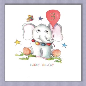PK150 Tarjeta de cumpleaños infantil con diseño de elefante. Ideal para niña o niño. Puedo añadir la edad que desee en el globo o dejarlo en blanco si lo desea. Diseño de Paula.