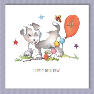PK153 Kinder Geburtstagskarte (Hündchen) Ideal für Jungen oder Mädchen.Ich kann jedes Alter auf dem Ballon hinzufügen oder leer lassen. Design von Paula