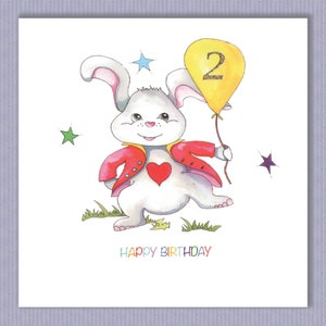 PK151 Tarjeta de cumpleaños con forma de conejito. Ideal para niño o niña. Puedo agregar cualquier edad en el globo o dejarlo en blanco si lo deseas. Diseño de Paula