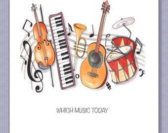 PK138 Music Enthusiast Card. Musical instruments. Personalise.  Musical festival card. Make their day!  Design by Paula