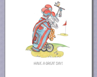 PK043 Golfers Birthday card. Golf Caddy design. Personalise. Golf competitions. Golfing holidays. Design by Paula