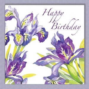 PK072 Carte d'anniversaire Iris. Magnifique iris à l'aquarelle... toujours une jolie carte à recevoir pour un anniversaire printanier. Design par Paula