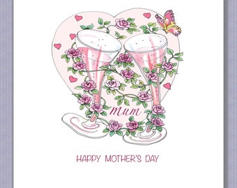 PK213 Mothers Day card! (With pink envelope) Bubbly, roses and hearts.. a celebration of love!  Design by Paula