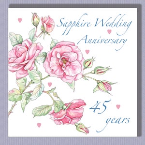 PK096 Tarjeta de aniversario de bodas de zafiro. Hermosas rosas para celebrar 45 años juntos. ¡Envía una tarjeta sorpresa! Diseño de Paula