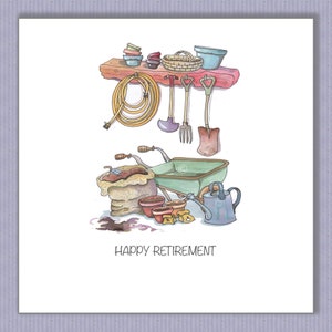 Carte de retraite heureuse des jardiniers PK041 ! Spécialement pour le jardinier passionné d'abris de jardin ! Design par Paula