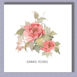 PK057 Tarjeta de notas con peonías de verano. ¡Una tarjeta floral vibrante y maravillosa para los jardineros apasionados! Diseño de Paula