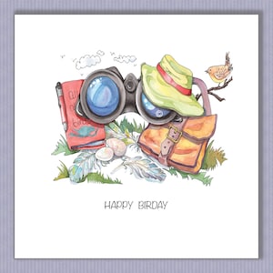 PK127 Carte d'anniversaire oiseau. Pour tous ceux qui aiment observer les oiseaux. Super carte pour tous les âges ! Une carte d'anniversaire unique aussi ! Design par Paula