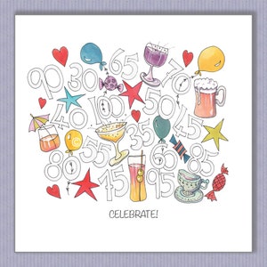Carte d'anniversaire PK115 Age !  Coloriez l'âge spécial… ou je peux le faire pour vous !  Une superbe carte à avoir pour différents âges ! Design par Paula