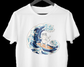 The Cat Surfing Great Wave  Organic Unisex T-Shirt