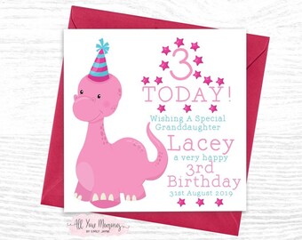daughter niece personalised birthday card Greeting/'s card pink dinosaur