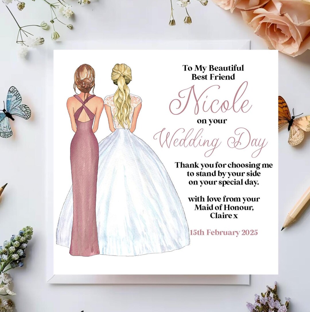 Personalised to the Bride on Your Wedding Day Card From Your Bridesmaid,  Maid of Honour, Chief Bridesmaid, Keepsake, Best Friend, Sister