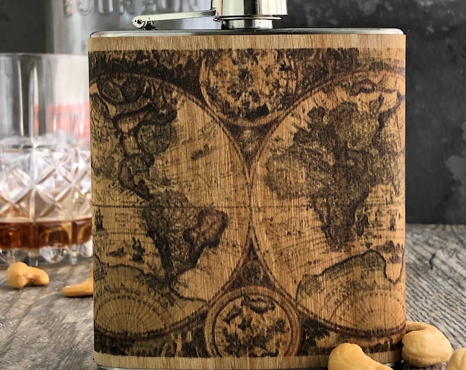 Cherry Wood World Map Flask: Vintage Atlas Art, Travel Gift