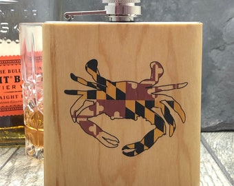 Real wood wrapped Maryland flask, Maryland Chesapeake blue crab