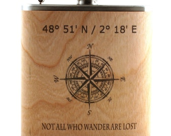 Personalized wood flask with coordinates and compass