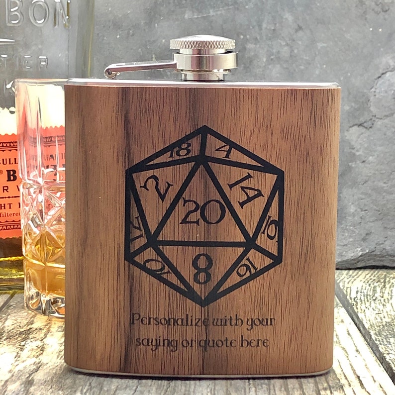 Dungeons and Dragons wood gift flask D&D Flask personalized with phrase and name image 1