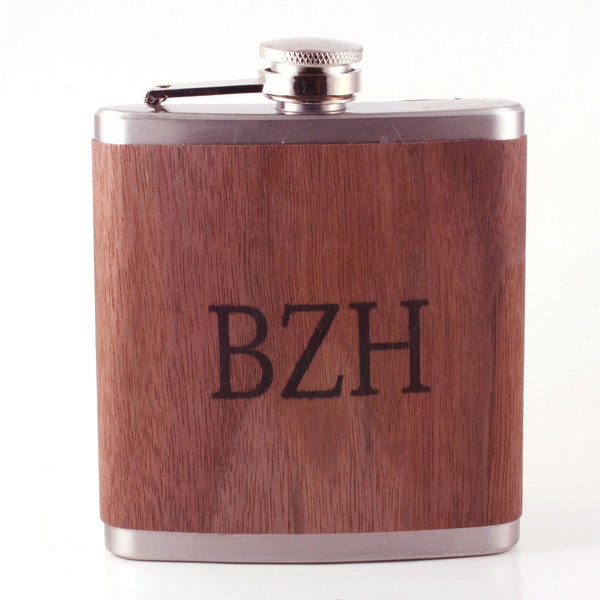 Flask- real wood wrapped metal flask with monogram - unique gift