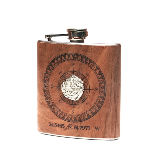 Personalized coordinates wooden flask,  Atocha coin