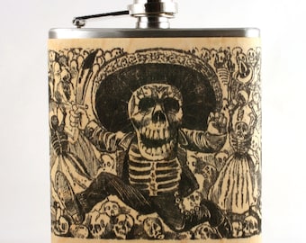 Day of the Dead wood flask vintage art of Jose Guadalupe Posada