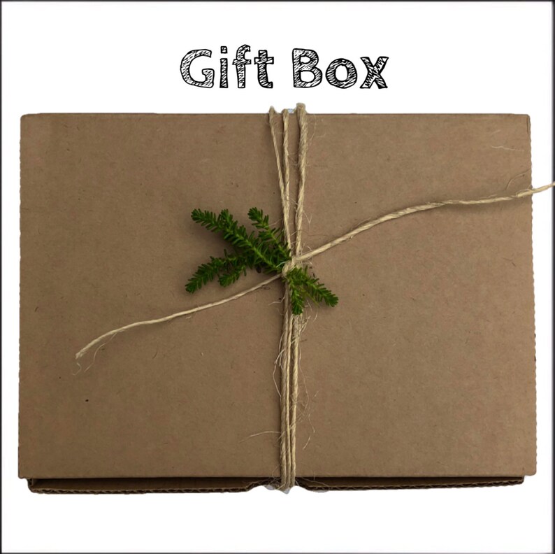 May include: A brown cardboard gift box tied with twine and decorated with a small sprig of green foliage.