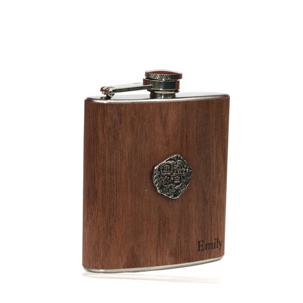 Atocha coin flask, Personalized on wood