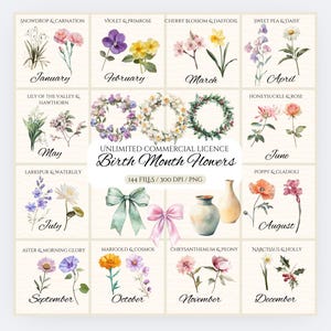 144 Clipart di fiori del mese di nascita, PNG di fiori di nascita, Bouquet di fiori del mese di nascita, Creazione di regali unici, Fiori del mese di nascita acquerellati, Floreale
