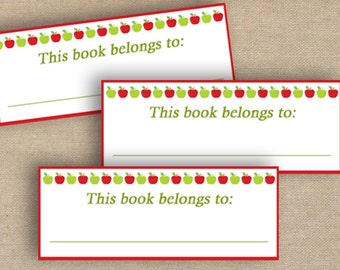INSTANT PRINTABLE Labels for School - DIY Printable Book Labels, Apple Border Book Labels, This Book Belongs To...