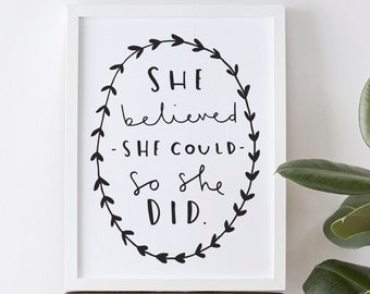 8x10" She believed she could so she did quote print - typography poster - Motivational Typography Print - gift for her