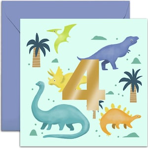 Blue 4th Birthday Dinosaurs Card - 4th Birthday Card  - Dinosaur 4th Birthday Card - 4th Birthday Card - Kids Birthday Card - Dinosaur Card