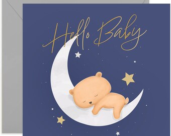 Hello Baby Bear Card - New Baby Card - New Baby Greeting Card - Card For Friends and Family - Congratulations Card - New Baby