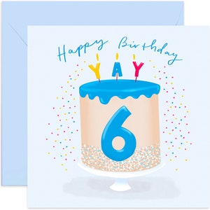 6th Birthday Blue Cake Card - Fun 6th Birthday Card  - Cake 6th Birthday Card - 6th Birthday Card - Kids Birthday Card - Blue Cake Card