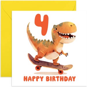 4th Birthday Skating Dinosaur Card - Fun 4th Birthday Card  - Dinosaur 4th Birthday Card - 4th Birthday Card - Kids Birthday Card