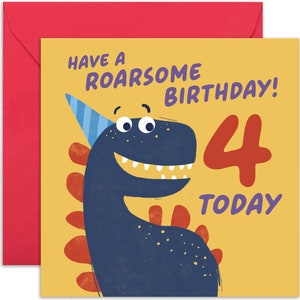 Roarsome 4th Birthday Dinosaur Card - Fun 4th Birthday Card  - Dinosaur 4th Birthday Card - 4th Birthday Card - Kid Birthday Card - Dinosaur