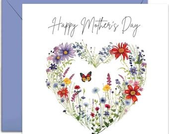 Happy Mothers Day Garden Card - Mothers Day Card - Fun Card for Her - Cute Card - Card For Mum - Mothers Day - Floral Heart Card - Butterfly