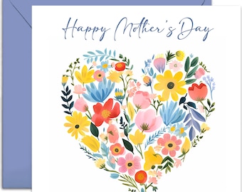 Happy Mothers Day Flower Card - Mothers Day Card - Fun Card for Her - Cute Card - Floral Card For Mum - Mothers Day - Flower Heart Card