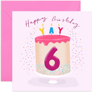 6th Birthday Pink Cake Card - Fun 6th Birthday Card  - Cake 6th Birthday Card - 6th Birthday Card - Kids Birthday Card - Pink Cake Card