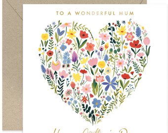 Wonderful Mum Floral Heart Card - Mothers Day Card - Fun Card for Her - Cute Floral Card - Card For Mum - Mothers Day - Flower Heart